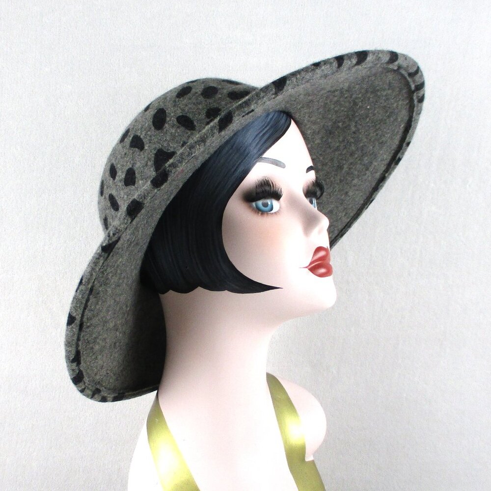 Large Brim Hat Grey Black Leopard Animal Print Wool Felt Wide Picture Hat
